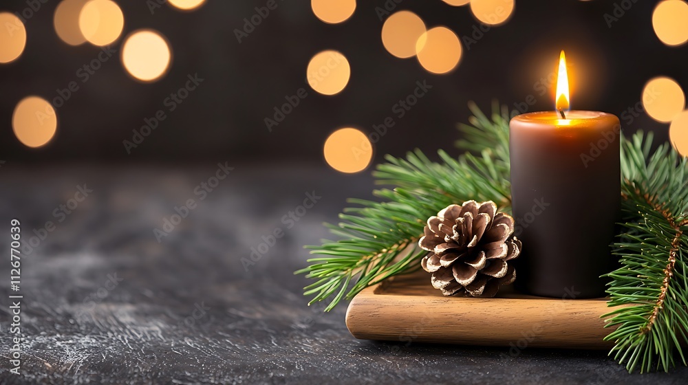 Poster Serene Scene of a Candle Lit Next to Pinecones and Greenery with a Soft Bokeh Background Evoking a Cozy and Tranquil Atmosphere for Relaxation and Reflection