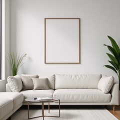 Mockup showcasing modern living room interior on a wall featuring a paper-sized frame displaying an image of a house against a contemporary backdrop