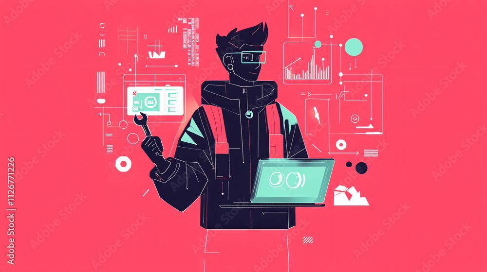 Poster a geometric figure of an it man holding a wrench, standing in front of a stylized laptop with minima