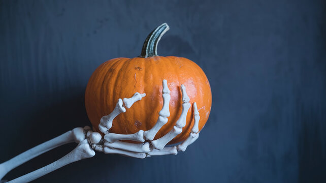 Spooky Scary Halloween Minimalistic Holiday Banner with Skeleton Hand Holding Pumpkin against Clean Background