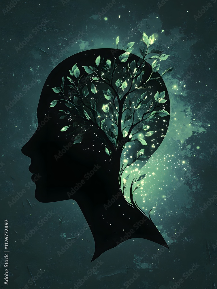 Poster portrait of a silhouette merging with a glowing tree in abstract nature. generative ai.
