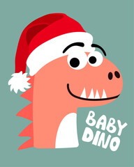 Cute dino santa hat children doodle print, vector illustration. Good for T-shirt print, poster, card.
