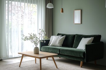 Fototapeta premium A minimalist, mid century modern interior in the living room with a green sofa and a wooden cafe table. Generative AI 