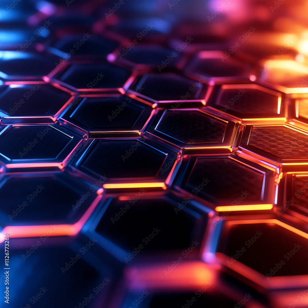 Poster futuristic hexagonal pattern with vibrant neon colors and glossy surfaces.