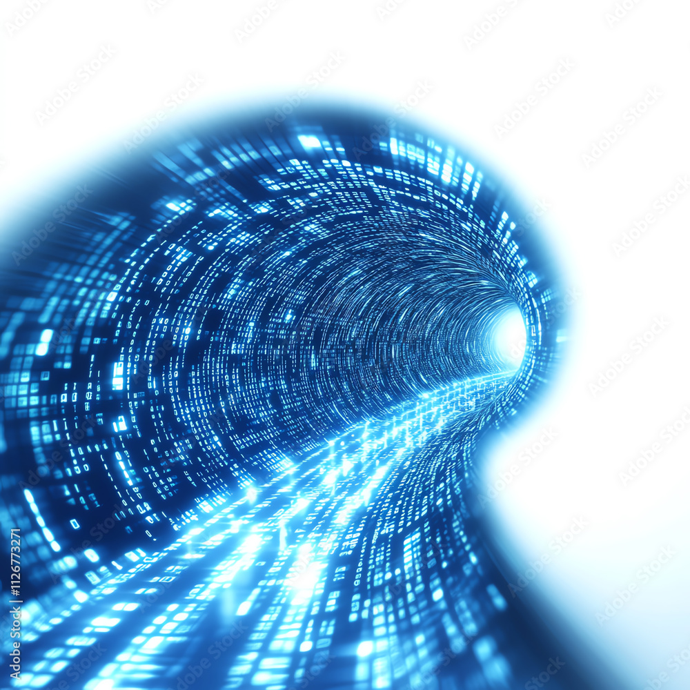 Poster an abstract representation of a digital data tunnel with blue glowing lines.