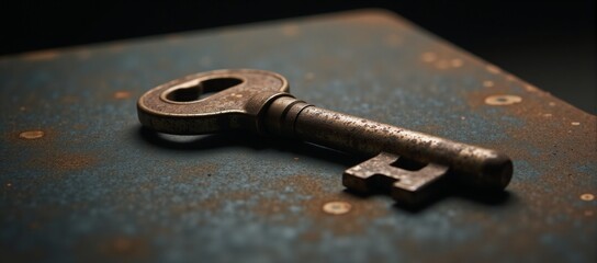 Rusty key atop dark textured surface within an eerie atmosphere