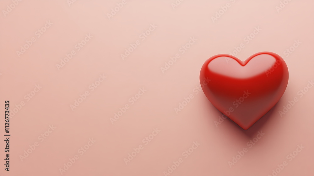 Poster single red heart shape centered on a light pink background with soft shadows, leaving ample space ar