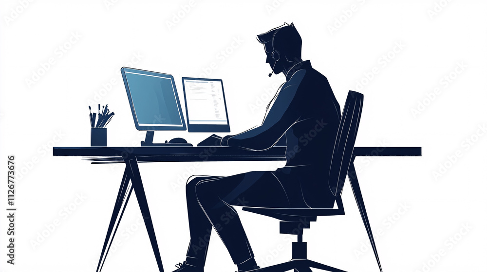 Poster a geometric icon of an it man sitting at a desk, with clean, sharp lines and a monochrome palette re