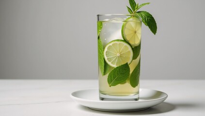 Cocktail featuring lime juice white rum sugar syrup mint leaves and club soda served over crushed ice