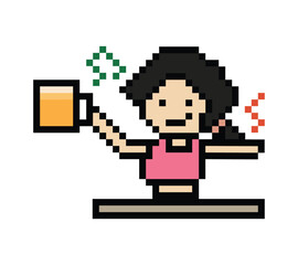 Cute pixel cartoon 8bit character woman drink beer alcohol party hangout lifestyle decoration life style 8 bit female girl drinking beer isolated png vector.