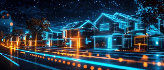 Fototapeta premium Futuristic Smart Homes Glowing at Night, Digital Wireframe Houses