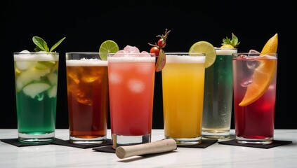 Colorful cocktails on a dark backdrop Ideal summer theme drinks