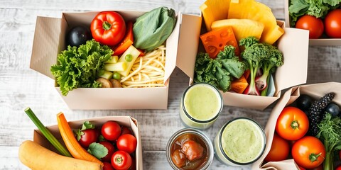 A colorful array of nutritious dishes in take away boxes, ready for delivery, vegetables, meals