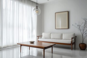 Fototapeta premium A Scandinavian-style interior in a modern living room with minimalist, white sofa and cafe table. Generative AI 