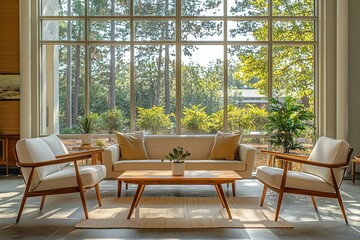 Mid century Modern interiors in the living room with large windows and sofa and cafe table. Generative AI
