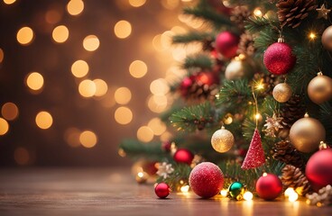 A festive Christmas background featuring a softly glowing  surrounded by holiday decorations, including ornaments, pinecones, and twinkling fairy lights