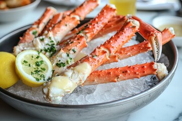 Fresh crab legs on ice, served with melted butter and lemon, in a high-end restaurant setting, [Fresh seafood], [luxury crab dining]