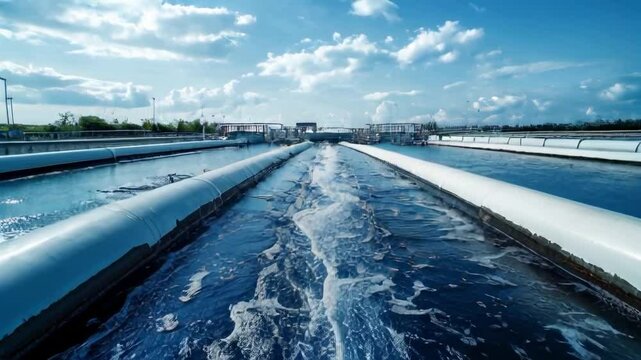 Close up aerial view of sewage treatment plant. Industrial and urban water treatment for big city from drone view. fresh water distribution to the human lives and industrial use. Pumping station.
