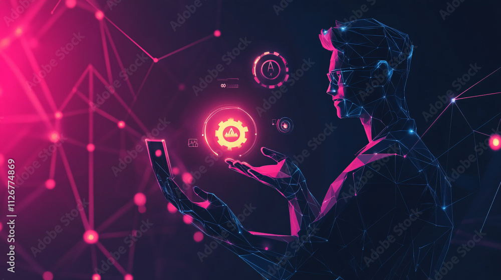 Poster a geometric it guy holding a glowing tool icon, with minimal floating settings and gear symbols repr