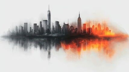 Fototapeta premium A dramatic skyline silhouette reflects on water, featuring iconic buildings shrouded in mist and vibrant hues of orange and black.