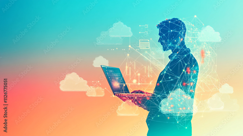 Poster a geometric man holding a laptop, surrounded by minimal tech elements like floating clouds and tool 