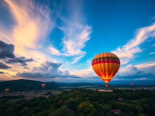 Naklejka premium A colorful hot air balloon floating in the sky surrounded by fluffy white clouds, adventure, peaceful