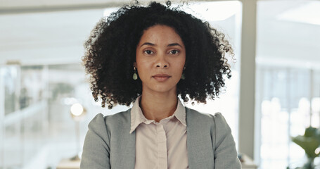 Legal, portrait and serious with African woman in office of law firm for counsel or litigation. Face, justice and trial with confident attorney or lawyer in workplace for court case representation