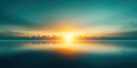 Obraz premium A serene city skyline at sunrise, reflected in calm waters under a colorful sky, creating a peaceful and picturesque landscape.