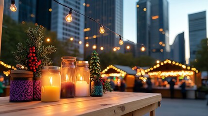 Vibrant Outdoor Market During Holiday Season with Twinkling Lights and Festive Decor in a City Setting