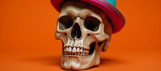 Skull with hat on vibrant orange backdrop Minimalist Art Style