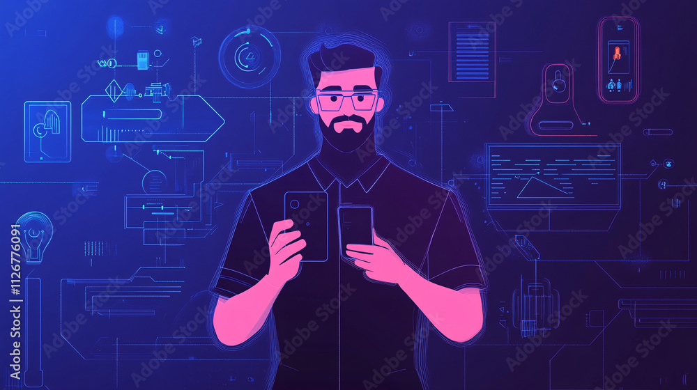 Aufkleber a geometric tech support man holding a smartphone, with minimal lines connecting various tech tools 