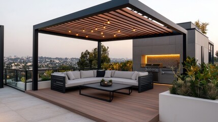Contemporary rooftop deck with sleek pergola, hanging lights, and designer outdoor furniture, blending luxury and comfort, [Modern rooftop], [luxury outdoor living] ,closes up