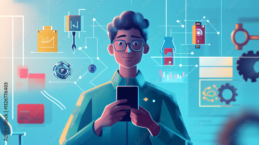 Poster a geometric tech support man holding a smartphone, with minimal lines connecting various tech tools 