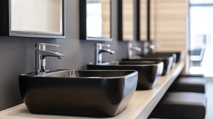 Fototapeta premium Close-up of a modern hair salon wash station, featuring sleek black basins, comfortable seating, and chrome fixtures, [Modern hair salon], [luxurious salon experience] ,closes up
