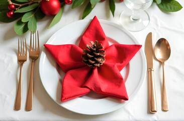 A festive holiday table setting featuring a red napkin folded into a star shape, adorned with a pinecone and gold cutlery. For Christmas dining inspiration or seasonal decor ideas. Selective focus