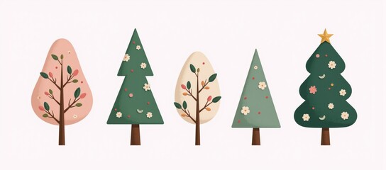 Fototapeta premium Modern abstract tree illustrations in white background suitable for festive designs Christmas cards kids decor Scandinavian wallpaper