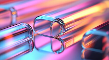A close-up view of glass test tubes reflecting vibrant colors, showcasing a play of light and clarity.