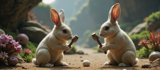 Intriguingly detailed illustration of rabbits making moon-cakes on an alien planet