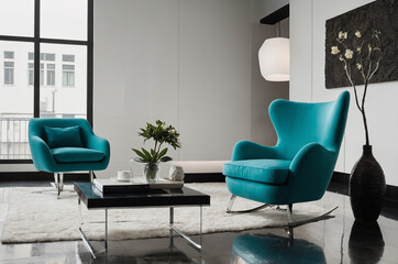 Contemporary Living Room in Elegant Turquoise and White