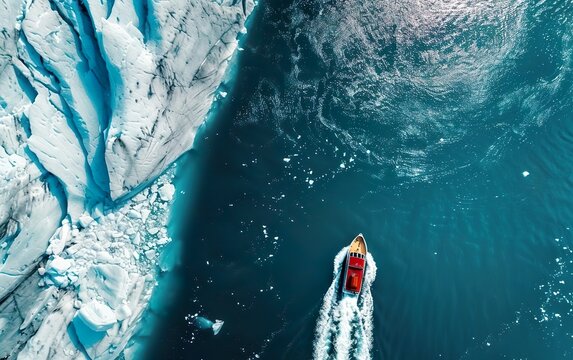 Aerial shot, red boat moving among floating ice pieces in cold Antarctica or Norway, drone view. Top perspective, fast vessel passing glacier, iceberg, birds eye view. Frozen winter sea, copy space