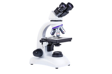 Compact Blue and White Laboratory Microscope Isolated on White Background

