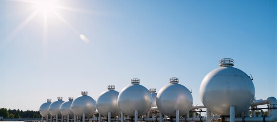 Digital illustration depicts spherical industrial tanks storing hydrogen in a gas production plant beneath a blue sky featuring BPVC equipment and hydrogen technologies for chemicalpetrochemical