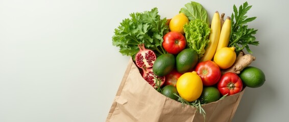 A paper bag overflowing with fresh fruits and vegetables
