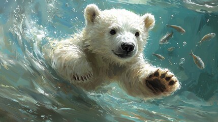 Fototapeta premium Playful Polar Bear Swimming in Clear Blue Water