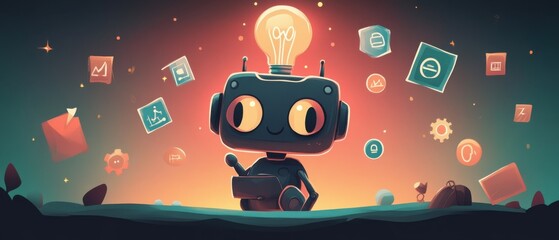 Innovative Robot Brainstorming Ideas with Bright Lightbulb, Futuristic Technology Concept