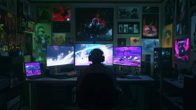 Gamer/streamer in an aesthetic bedroom decorated with anime posters. Cybersport setting concept. Gaming/streaming computer set. Silhouette of a person playing online video games at nighttime.