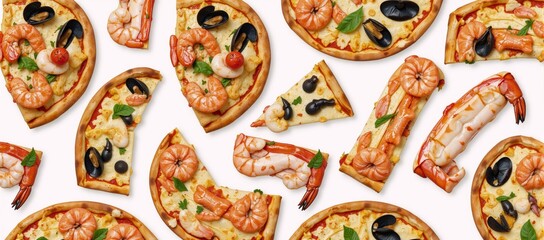 Seamless pizza pattern featuring seafood elements for various designs wallpapers logos icons menus restaurants cafes and more suitable for a pizza-themed setting or event Pizza Food Illustration
