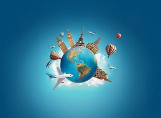 Naklejka premium A vibrant globe surrounded by iconic landmarks, airplanes, and hot air balloons, symbolizing global travel and adventure.