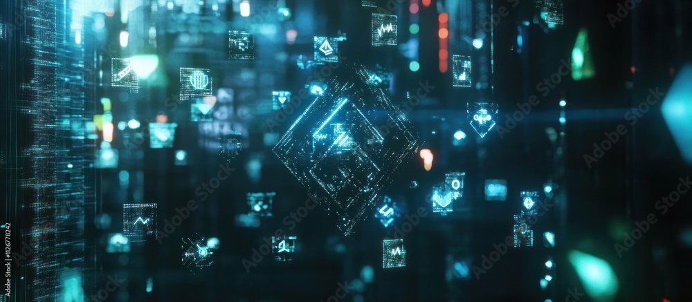Poster abstract digital data visualization with glowing icons and network connections.