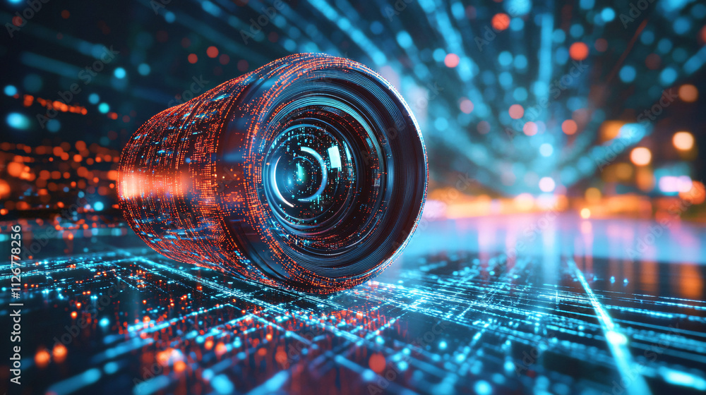 Poster a glowing camera lens icon with data streams representing real-time video analytics and online strea
